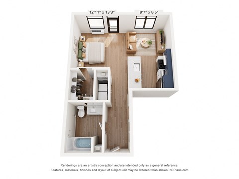 a stylized floor plan with a bedroom and a living room